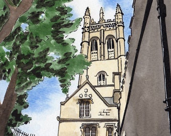 Magdalen College, College steps, Magdalen Oxford, Oxford print, mounted print, pen and ink, ink and watercolour, Oxford, Giantmousie