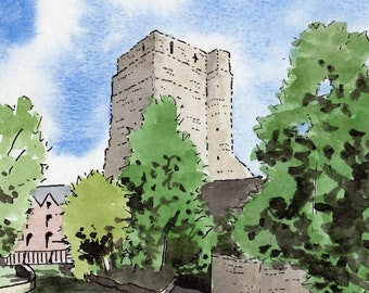 Oxford Castle, Castle tower, St George's Tower, Oxford print, mounted print, pen and ink, ink and watercolour, Oxford, Giantmousie