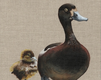 Duck, mother duck, duckling, acrylics, acrylic paint, linen, art print, limited edition, print, Giantmousie