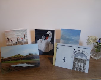 Wildlife paintings cards, British birds greetings cards, landscapes, Didcot Power Station, Geese, pack of cards, bird cards, swans