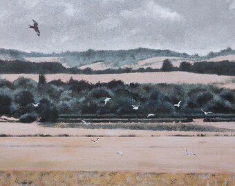 Chilterns, Red Kite, land gulls, gulls, Oxfordshire, hills, reflections, acrylic paint, acrylics, art print, limited edition, Giantmousie