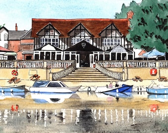 Wallingford, Boathouse, Wallingford pubs, Wallingford Bridge, mounted print, pen and ink, ink and watercolour, Oxfordshire, Giantmousie