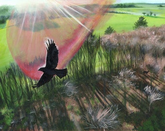 Jackdaws, rooks, crows, corvids, birds, forest, The Ridgeway, flying, acrylic paint, acrylics, art print, limited edition