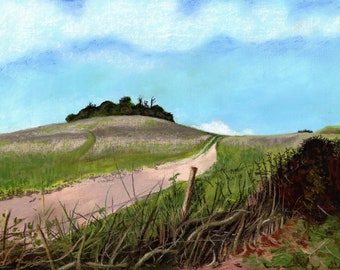 Wittenham Clumps, Round Hill, Oxfordshire, acrylic paint, acrylics, chalk pastels, art print, limited edition, Giantmousie