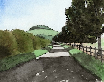 Wittenham Clumps print, distant hills, mounted print, pen and ink, ink and watercolour, Oxfordshire, Giantmousie
