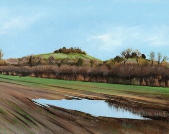 Wittenham Clumps, Oxfordshire, hills, reflections, acrylic paint, acrylics, art print, limited edition, Giantmousie