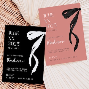 Kokette Geburtstags-Party einladen Bündel | Schwarz Weiß Rosa Schleife 2025 Karten | 3-in-1 Party-Einladung | Bearbeitbar Canva Invite | SOFORTIGER DOWNLOAD