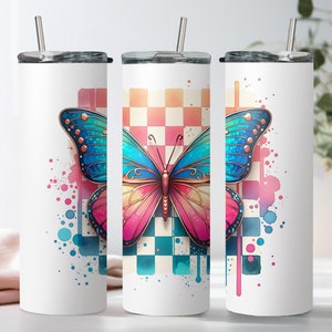 Alkohol Tinte Schmetterling Tumbler Wrap Design | 20 Unzen Skinny Becher | Schmetterlings-Sublimationsdesign | Buntes DIY Geschenk | Aquarell Becher Geschenk