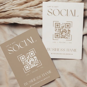 Boho Small Business QR Code Social Media Sign | Editable Canva Template | 5 x 7 in Printable Beige White Template | Salon | INSTANT DOWNLOAD