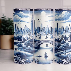 New York Blue Chinoiserie Toile 20 oz Skinny Tumbler Wrap, kustscène png, vintage sublimatie wrap, cadeau voor moeder, DIY digitale download