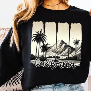 Vintage coup de pinceau californien PNG, sublimation de paysage noir et blanc, chemise DIY du sud de la Californie, esthétique de palmiers, POD autorisé