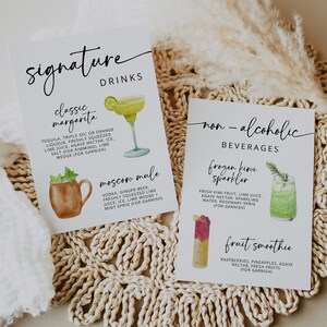 Enseigne pour boisson signature | Modèle de menu de barre | Carte des boissons moderne | Mariage modifiable de style bohème | Menu Boissons sans alcool | Toile à faire soi-même