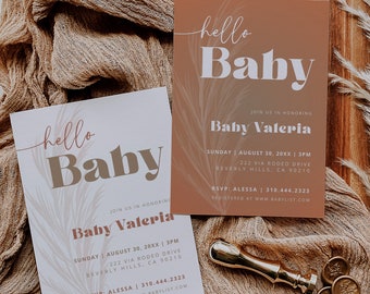 Boho Pampas Babypartyeinladungs-Bündel: Bearbeitbare rosa Karte (Digitaler Download)