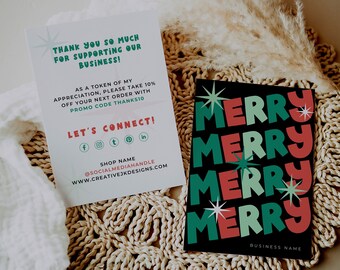 Retro Christmas Business Thank You | Boho Thanks For Your Purchase | Groovy Holiday Printable | Editable Seasonal Package Insert Card MERRY