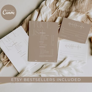 Pacote de negócios Boho | Conjunto completo para pequenas empresas: modelos Boho Canva, cartões DIY, lista de preços e vales-presente | Boho Bege Branco