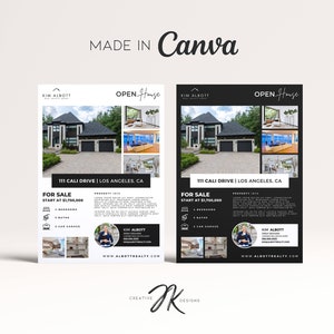 May include: A black and white real estate open house flyer featuring a photo of a modern home. The flyer includes the address, price, and contact information for the realtor. The text on the flyer reads "Open House", "111 Cali Drive | Los Angeles, CA", "For Sale", "Start at £1,390,000", "Kim Albort", and "www.albottrealty.com".