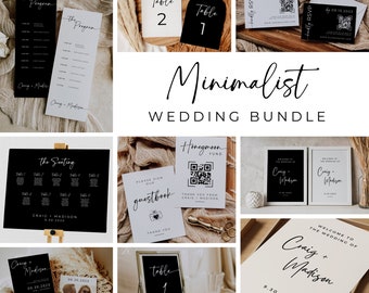 Könnte beinhalten: Ein minimalistisches Hochzeitspaket mit schwarzen und weißen druckbaren Vorlagen. Das Paket beinhaltet ein Hochzeits-Programm, einen Sitzplan, Tischnummern, RSVP-Karten, ein Willkommens-Schild und ein Gästebuch-Schild. Der Text auf den Schildern enthält die Namen Craig und Madison sowie das Datum 9.30.2023.