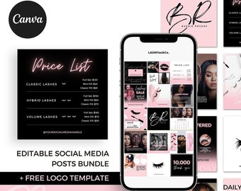 May include: A pink and black social media post bundle for lash technicians. The bundle includes a price list, a calendar, a thank you card, and other graphics. The text "Editable Social Media Posts Bundle + Free Logo Template" is included in the image. The text "Etsy Shop: CreativeDesignsByJK" is also included in the image.