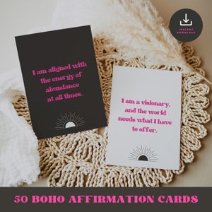 Tarjetas de afirmación imprimibles en rosa fuerte y negro / Citas positivas / Afirmación retro boho para mujeres emprendedoras / Amor propio / Manifestación
