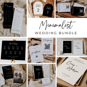 Minimalistische bruiloft MEGA-bundel | Zwart-witte borden | Moderne RSVP- en plaatskaarten | Ceremonieprogramma's en menu's | Bewerkbare Canva-uitnodigingen