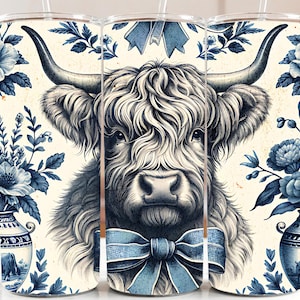Blauwe chinoiserie toile Highland Cow 20 oz skinny Tumbler Wrap, vintage boerderij sublimatie png, rustieke land DIY digitale download