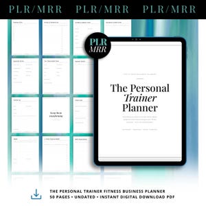 May include: A digital tablet displaying a cover page titled The Personal Trainer Planner, surrounded by a grid of various business document templates including client intake forms, expense trackers, and session logs, all featuring PLR/MRR labels.