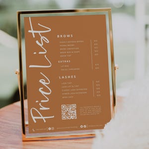Pacote de lista de preços de código QR para pequenas empresas Fall Boho | Lista de preços de beleza | Boho para impressão | Folha de preços do salão de beleza Canva | Cílios | 5x7 8x10 faça você mesmo