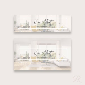 May include: A white and gray interior design business card with a photo of a modern living room. The text on the card reads "Kim Abbott Real Estate Agent".