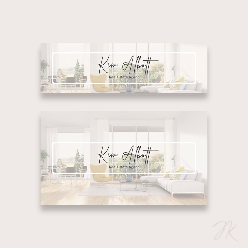 May include: A white and gray interior design business card with a photo of a modern living room. The text on the card reads "Kim Abbott Real Estate Agent".