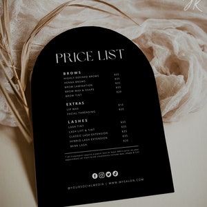 Lista de preços editável em preto | Modelo de arco branco e preto | Preços do salão de cabeleireiro Lashes Brows | Impressão para pequenas empresas | DOWNLOAD INSTANTÂNEO