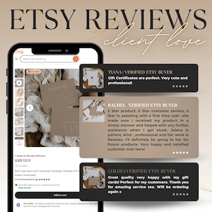 May include: Screenshot of an Etsy listing for a Boho Spa Salon Gift Certificate Template. The image shows a phone displaying the listing, customer reviews, and the product. The reviews highlight positive experiences with the product and seller.