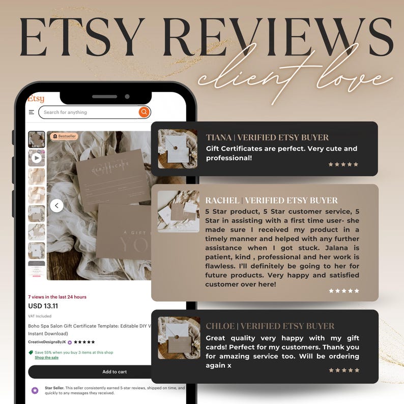 May include: Screenshot of an Etsy listing for a Boho Spa Salon Gift Certificate Template. The image shows a phone displaying the listing, customer reviews, and the product. The reviews highlight positive experiences with the product and seller.