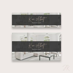 May include: A real estate agent business card with a modern interior design photo. The card features a black background with white text that reads "Kim Abbott, Real Estate Agent".