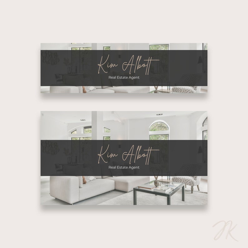 May include: A real estate agent business card with a modern interior design photo. The card features a black background with white text that reads "Kim Abbott, Real Estate Agent".