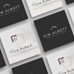 May include: A selection of business cards with a contemporary design. Some cards are black with white text reading "KIM ALBOTT REAL ESTATE AGENT". Other cards are white with black text reading "Elissa Richards LICENSED REALTOR".