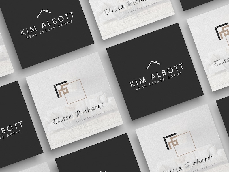 May include: A selection of business cards with a contemporary design. Some cards are black with white text reading "KIM ALBOTT REAL ESTATE AGENT". Other cards are white with black text reading "Elissa Richards LICENSED REALTOR".