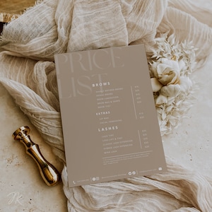 Pacote de modelos de lista de preços para pequenas empresas Boho | Lista de preços de beleza | Imprimível para pequenas empresas | Folha de preços Canva | Cílios | 5 x 7 8 x 10
