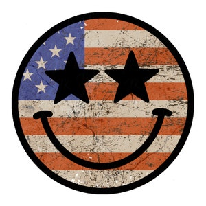 Retro American Flag Smiley Face PNG: Distressed USA Sublimation
