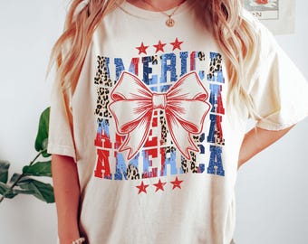 Preppy Patriotic America Bow PNG | Faux Glitter Leopard America Shirt Design | Fourth of July USA PNG | Gift for Patriotic Mom | Digital