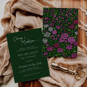 Violet Floral Mosaic Wedding Invites | Oscar De La Inspired | Deep Garden Bridal Signage DIY | Luxury Wedding | Elegant Canva Invitations