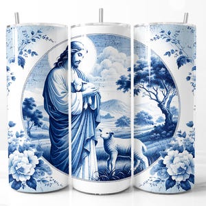 Jesus und Schafe Blau Chinoiserie Toile 20 Unzen Skinny Tumbler Wrap, Vintage Christian Sublimation PNG, Religiöses Bauernhaus DIY Download