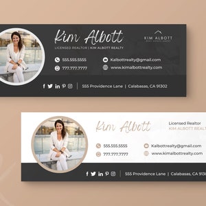 May include: Two business card designs featuring Kim Albott, a licensed realtor. The cards have a dark grey and white colour scheme with a photo of Kim. Contact information includes phone numbers, email, and website.