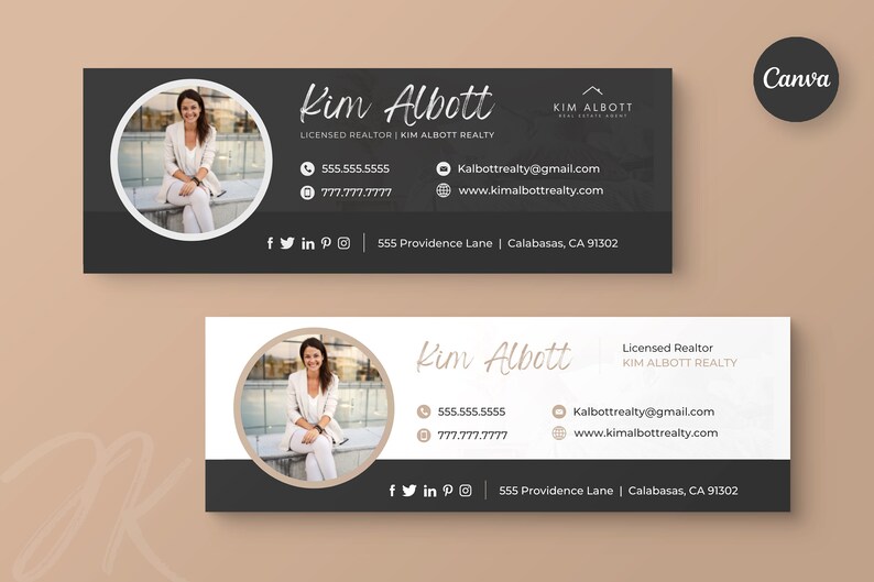 May include: Two business card designs featuring Kim Albott, a licensed realtor. The cards have a dark grey and white colour scheme with a photo of Kim. Contact information includes phone numbers, email, and website.