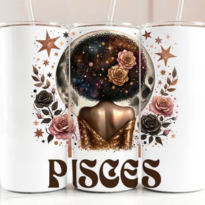 Copo de vidro PISCES Zodiac Afro Girl 20 oz Skinny Tumbler Sublimação Design Presente de aniversário Download digital PNG Copo de vidro DIGITAL instantâneo Presente