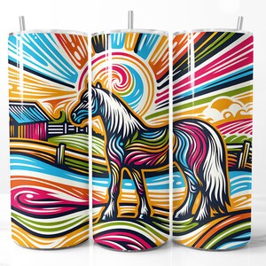 Kleurrijk paard overzicht Sterrennacht stijl 20 oz magere beker wrap, door Van Gogh geïnspireerde sublimatie png, grillige paardenkunst DIY downloaden