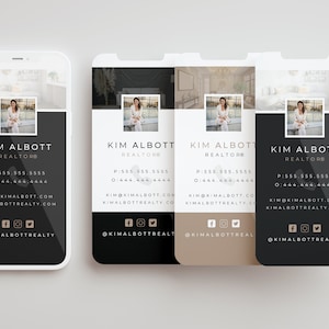 May include: A smartphone mockup showcasing a business card design. The card displays "KIM ALBOTT, REALTOR" with contact details and social media icons. The design uses black, white, and beige colour scheme.