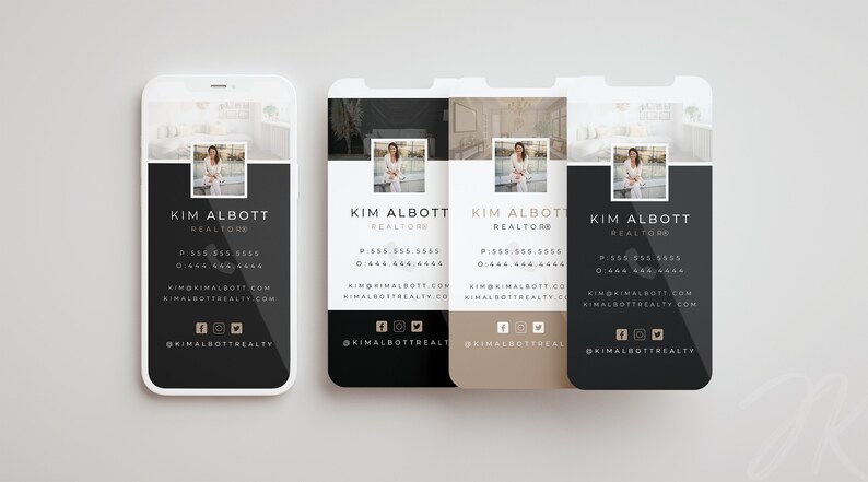 May include: A smartphone mockup showcasing a business card design. The card displays "KIM ALBOTT, REALTOR" with contact details and social media icons. The design uses black, white, and beige colour scheme.