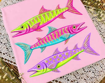 Preppy Summer Faux Glitter Barracuda Fish PNG | Coastal Preppy Fish PNG | Neon Tropical Fishing Shirt Design | Viral Summer PNG | Digital