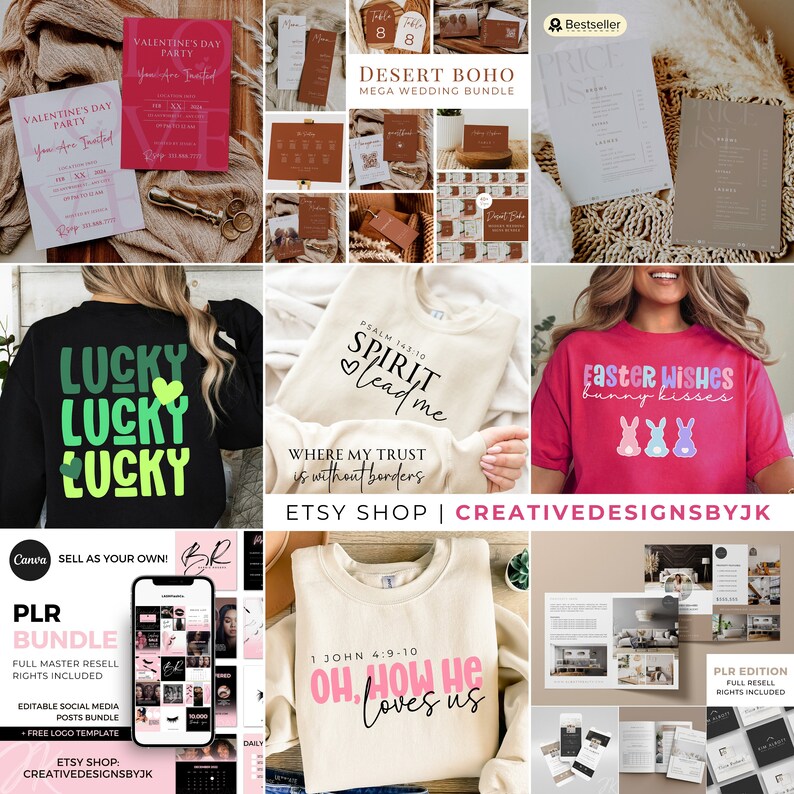 Puede incluir: Un collage de productos digitales a la venta, que incluye papeler&iacute;a de boda imprimible, dise&ntilde;os de camisetas y plantillas de redes sociales. Los dise&ntilde;os presentan una variedad de temas, que incluyen el D&iacute;a de San Valent&iacute;n, Pascua y citas religiosas.