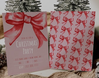 Pode incluir: Dois convites rosa para uma festa de Natal. Um apresenta um grande laço vermelho em aquarela e o texto "JOIN US FOR A CHRISTMAS PARTY". O outro cartão tem um padrão de laços vermelhos sobre um fundo rosa. Os convites incluem o endereço, a data e as informações RSVP.